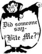 Cartoon of vampire with sign that says, 
