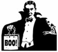 Graphic of Dracula holding Halloween candy bag that says 